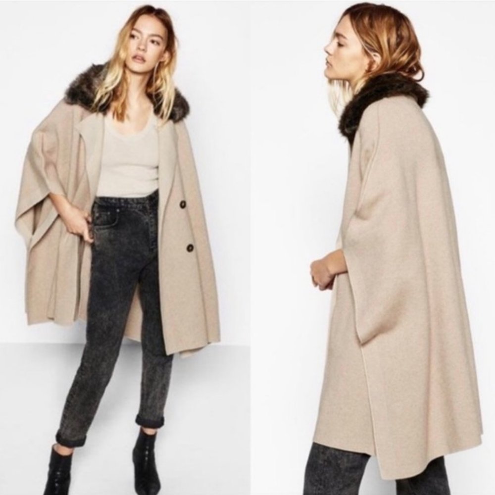 Zara Faux Fur Collar Double Breasted Cape sz M
